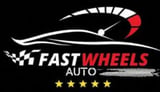 Fast Wheels Auto logo featuring a red sports car silhouette, checkered flag, and five yellow stars on black background